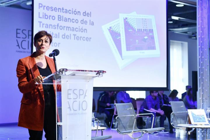La ministra de Política Territorial y portavoz del Gobierno, Isabel Rodríguez, durante su intervención en la presentación del "Libro Blanco sobre la Transformación Digital del Tercer Sector"