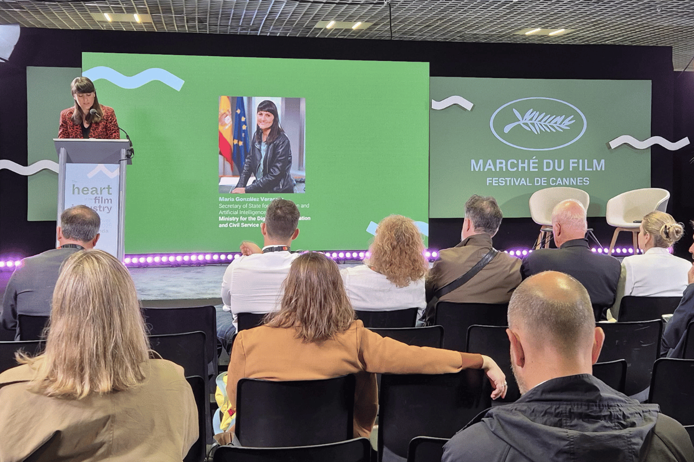 La secretaria de Estado de Digitalización e Inteligencia Artificial, María González Veracruz, durante la presentación del Plan España Hub Audiovisual de Europa, en el Marché du Film del Festival de Cannes