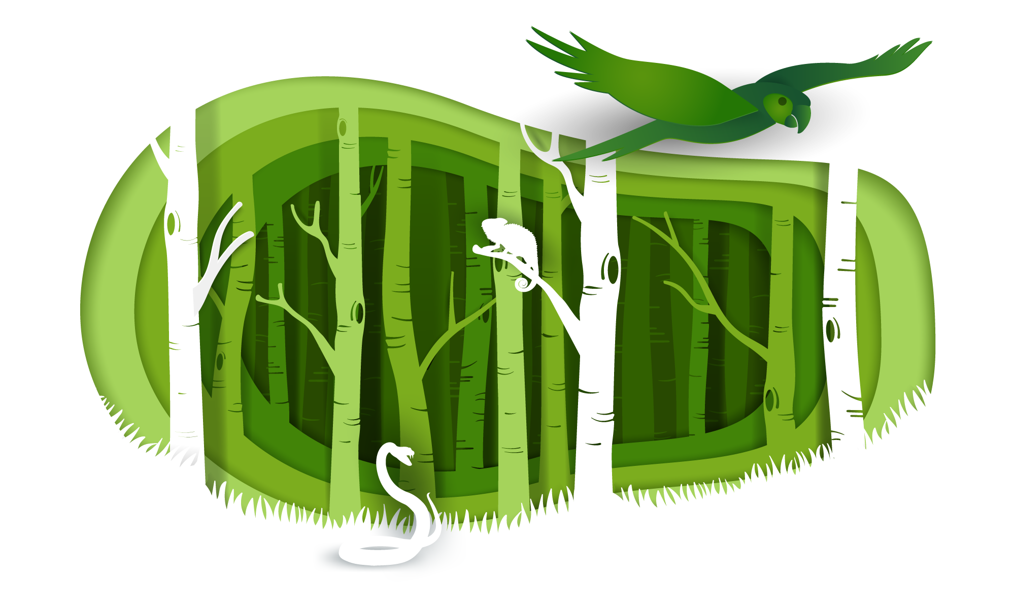 Ilustración de un bosque con la silueta de una serpiente, un camaleón y un pájaro