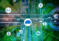 recreación 3D de una carretera con elementos gráficos de movilidad sostenible
