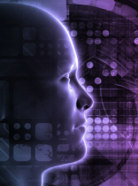 un modelo 3D de la cara de una persona con elementos gráficos tecnológicos