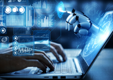 unas manos tecleando en un portátil con elementos 3D de IA