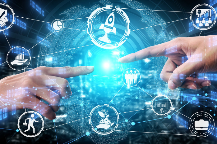 dos dedos acercándose en un entorno 3D de innovación 