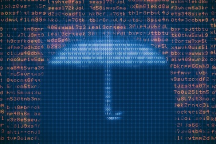 Imagen de un paraguas en una pantalla hecha con números de código