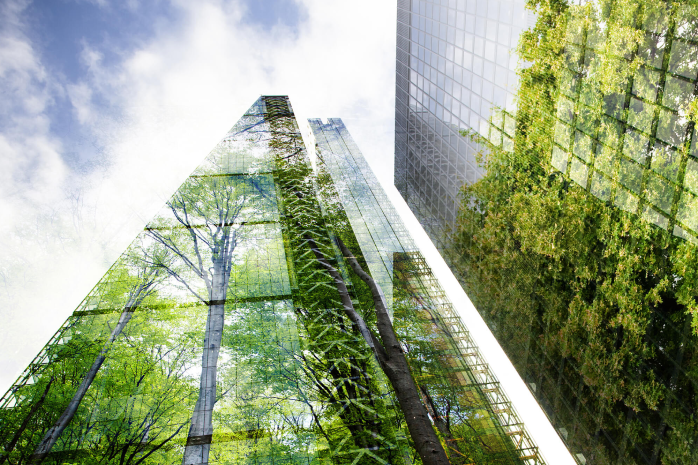recreación 3D de edificios con el reflejo de un bosque en sus fachadas