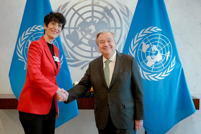 La ministra de Inclusión, Seguridad Social y Migraciones, Elma Saiz, re recibida por el secretario general de Naciones Unidas, António Guterres.