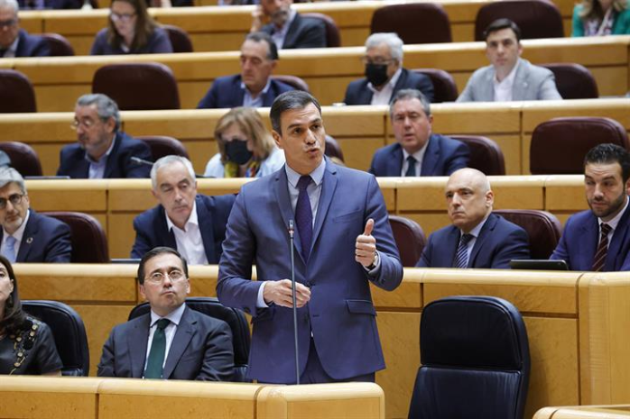 El presidente del Gobierno, Pedro Sánchez, durante su comparecencia en el Senado
