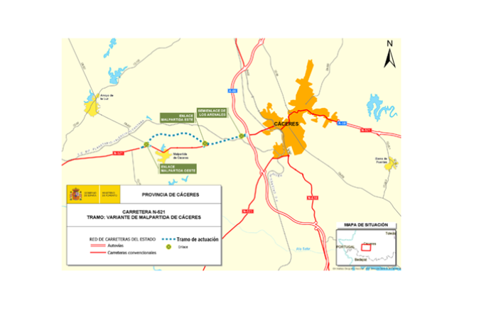 Mapa del tramo de de carretera que se va a modificar en Malpartida de Cáceres