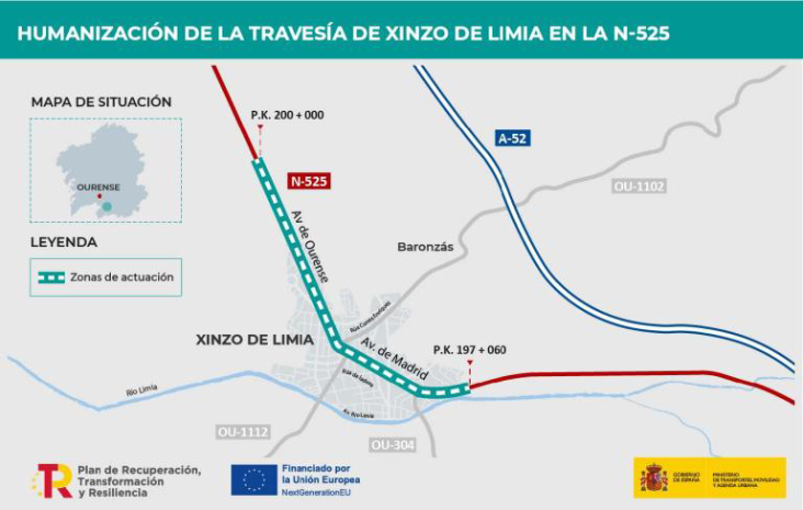 Mapa de las obras del proyecto de humanización de la travesía de Xinzo de Limia en la carretera N-525 en Ourense por cerca de 4 millones de euros