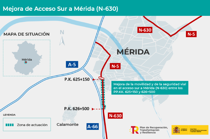 Mapa del tramo de carretera N-630 que van a mejorar en Mérida