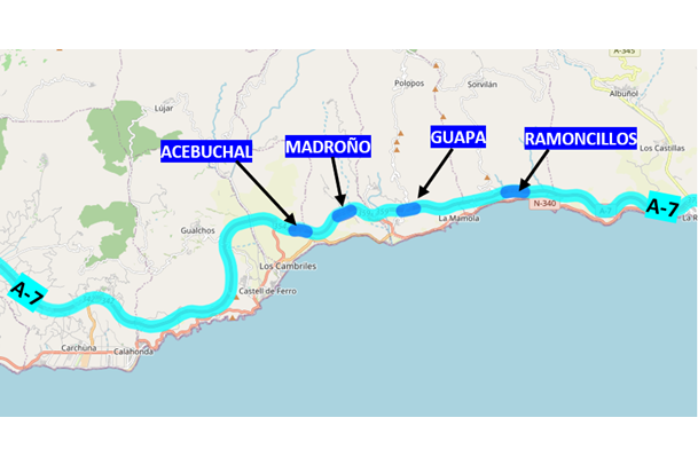 Mapa de las obras previstas para la modernización de túneles de la autovía A-7 en la provincia de Granada