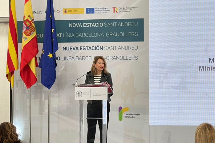 La ministra de Transportes, Movilidad y Agenda Urbana, Raquel Sánchez, durante el acto de puesta en servicio de la nueva estación de Sant Andreu