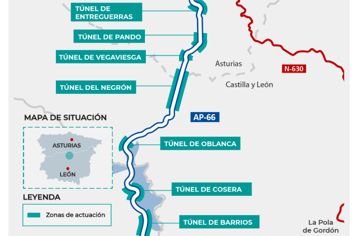 Mapa de las obras de modernización de los túneles de la AP-66 en las provincias de Asturias y León