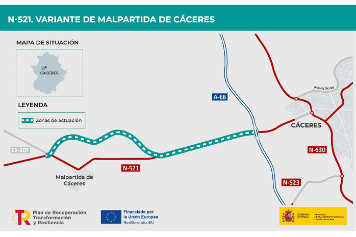 Mapa de las obras de la variante de Malpartida de Cáceres en la carretera N-521