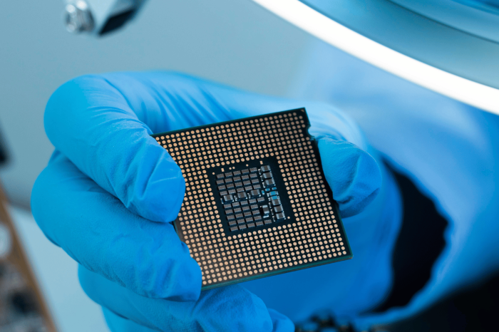 Una mano con un guate azul de plástico sostiene un chip.