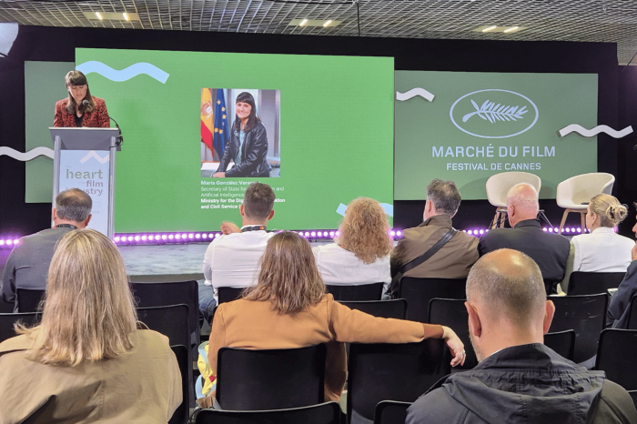 La secretaria de Estado de Digitalización e Inteligencia Artificial, María González Veracruz, durante la presentación del Plan España Hub Audiovisual de Europa, en el Marché du Film del Festival de Cannes