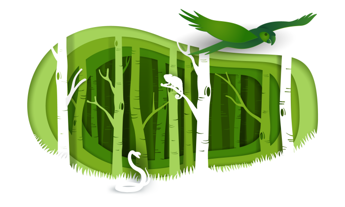 Ilustraci&oacute;n de un bosque con la silueta de una serpiente, un camale&oacute;n y un p&aacute;jaro